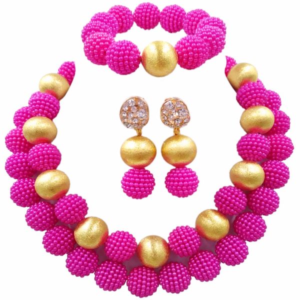 

fuchsia pink simulated pearl beads african jewelry set 2017 nigerian wedding necklace sets 2pls07, Slivery;golden