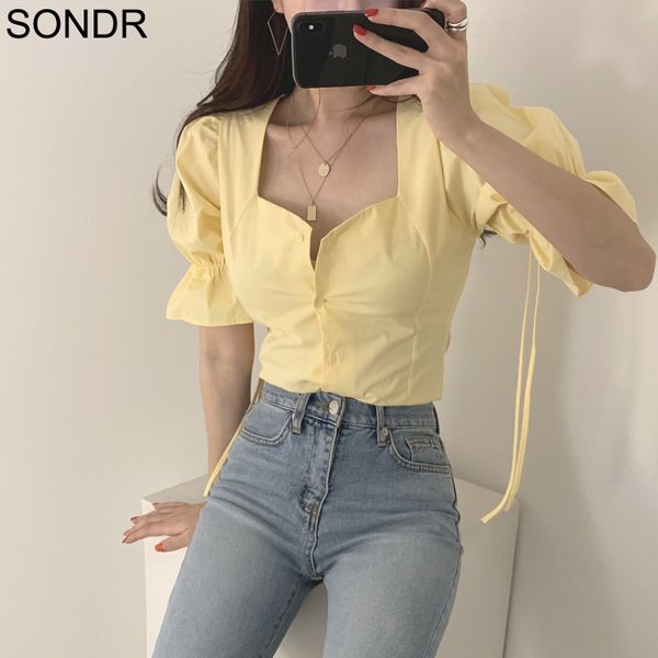 

korean fashion clothing women harajuku women short sleeve shirts summer square collar exposed seam back lace-up blouse, White