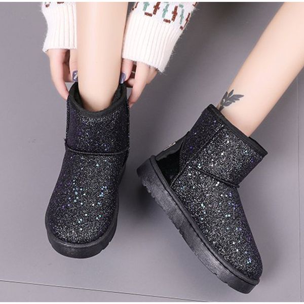 

women snow boots glitter woman new warm short plush soft ladies ankle boot winter fur bling platform female casual shoes, Black