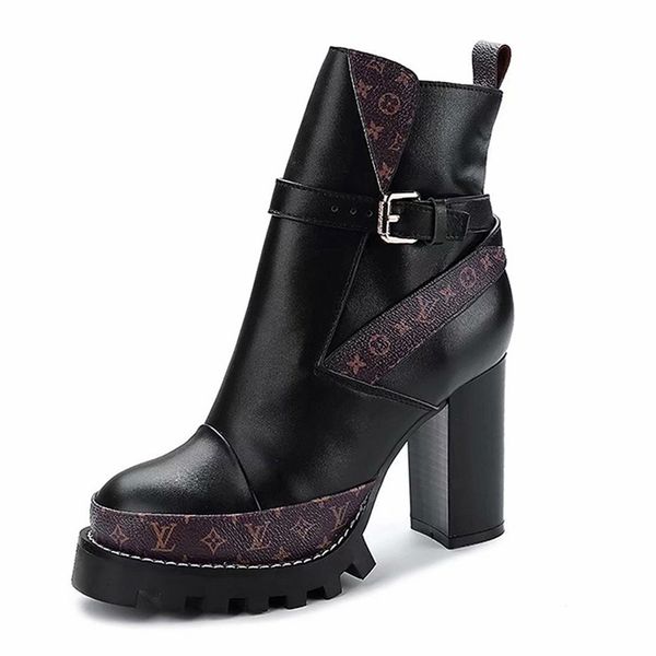 

europe and america autumn and winter super high-heeled platform thick with ankle boots female utility round head belt buckle martin boot, Black