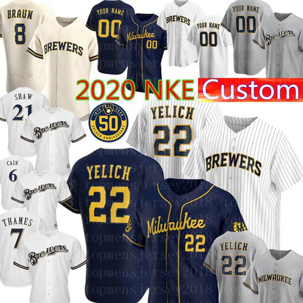 

Нового 22 Christian Yelich Джерси Мужского 2020 Пользовательского бейсбол Джерси Райан Браун Робин Yount Лоренцо Каин Эрик Темзы Трэвис Шоу Джонатан Lucroy