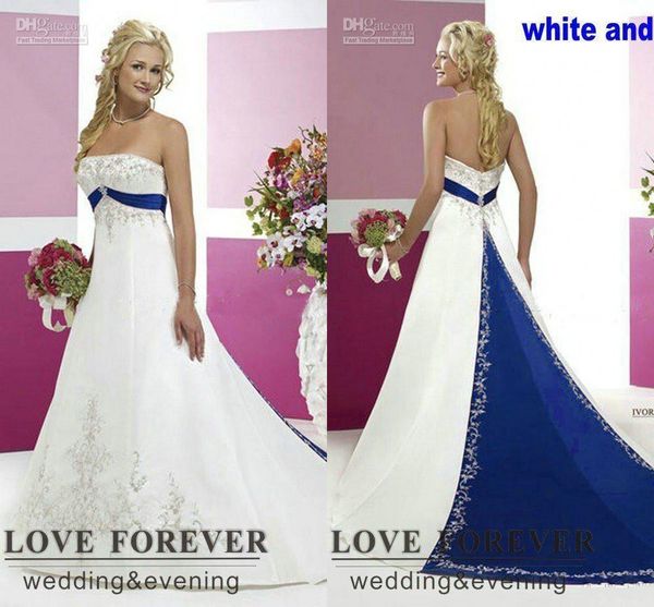 

royal blue and white wedding dresses 2021 vintage strapless lace embroidery sequins sweep train gothic country bride gowns