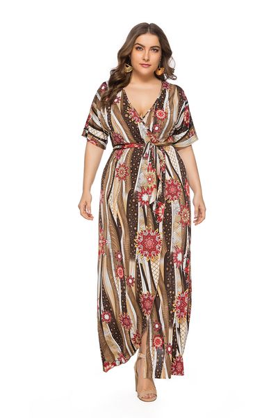 

2019 лето новый европейский и американский v-образным вырезом печати щели большой размер платье пляж праздник платье sq0122, White;black