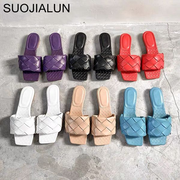 

suojialun 2020 new brand slippers weave leather women sandal open toe flat casual slides summer outdoor beach female flip flops, Black