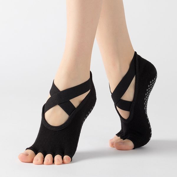 

3 pairs/lot quality non-slip women yoga sock professional girl five fingers sports sock cotton bandage female dance skc0101, Black