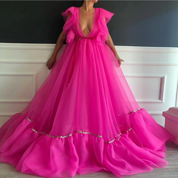 

deep v neck fuchsia prom dresses cap sleeves tulle simple party gowns gong girls wear evening dress vestidos, Black