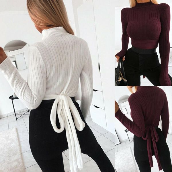 

womens long sleeve knitted lace up pullover high turtleneck crop bow knot tied back shirt casual blouse jumper, White