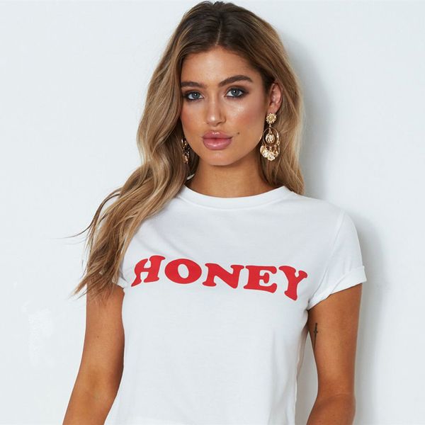 

lady honey letter print t shirt women short sleeve o neck loose yellow tshirt summer women tee shirt, White