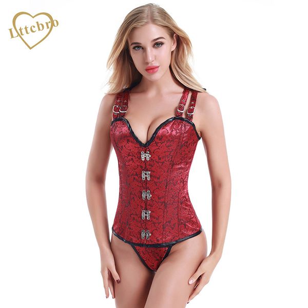 

women's gothic steampunk brocade steel boned waist corset vest vintage bustier corset black and red with g-string, Black;white