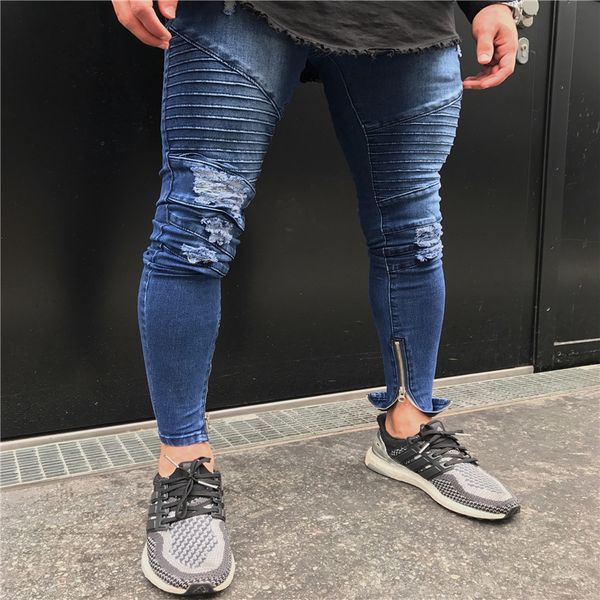 

pleated mens jeans brand skinny denim pants motocycle jean hombre, Blue