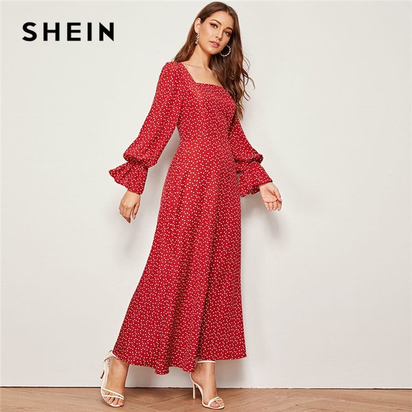 

shein red square neck heart print elegant long dress women autumn flounce sleeve high waist zipper back flared maxi dresses, Black;gray