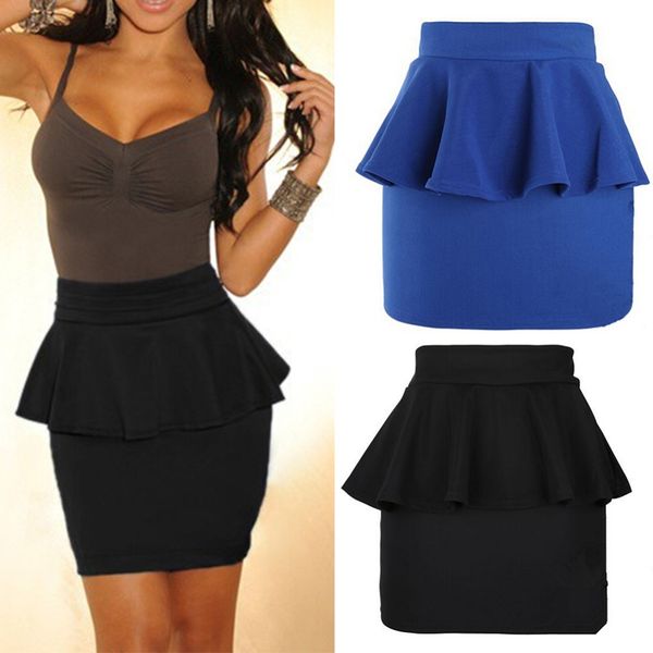 

solid color women skirt ladies high waist peplum frill pencil skirt stretch bodycon mini skirt, Black