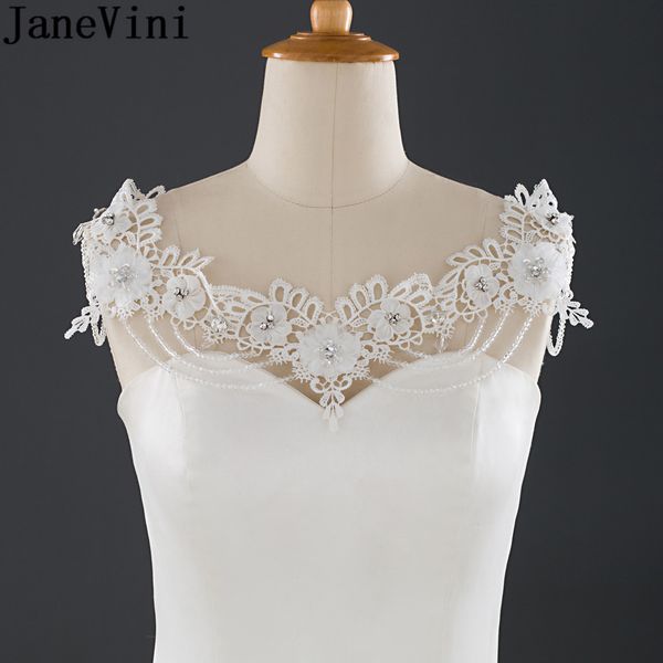 

janevini crystal bridal necklace shoulder chains jewelry women lace handmade flowers beaded bride wedding necklaces ribbon wrap, Silver