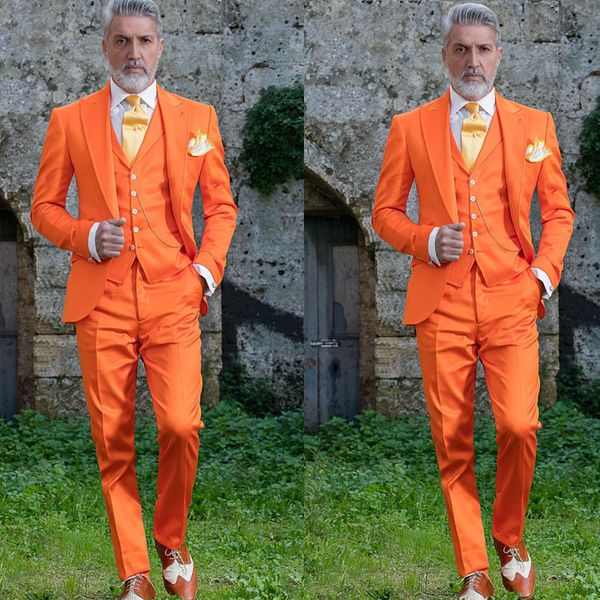 

bright orange wedding tuxedo wide peaked lapel men's suit slim fit formal groom prom dinner leisure blazer(jacket+vest+pants), Black;gray