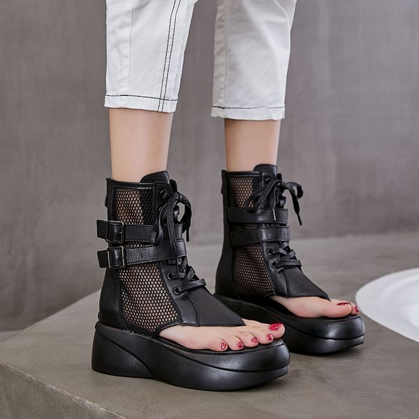 

dropshipping woman platform hollow out summer boots women vintage chunky sandals mujer peep toe black mesh punk shoes