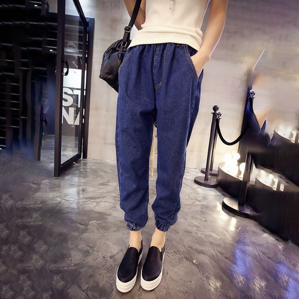 

jeans woman blue autumn high elastic waist jeans boyfriend trousers vintage denim korean pencil pants plus size y479