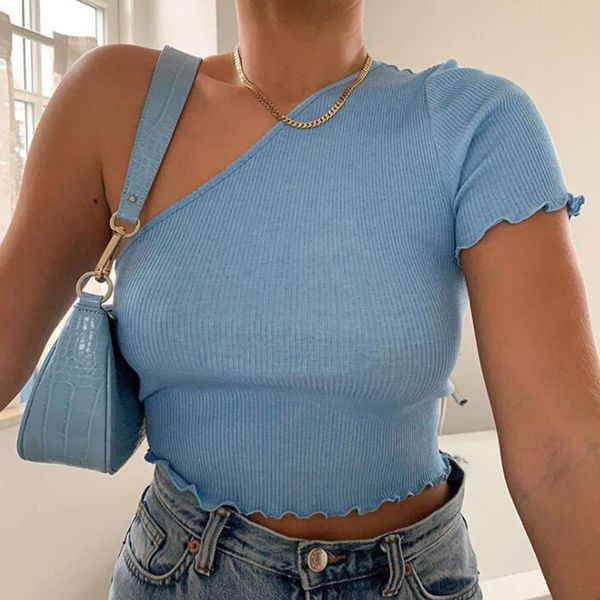 

one shoulder ruffle one sleeve t-shirt 2020 summer women bodycon cute stretchy club streetwear t-shirts blue white