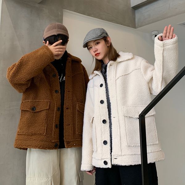 

2019 winter men's thicken lamb wool blends lovers cotton-padded clothes leisure parkas trench male loose coat snow jackets s-5xl, Black