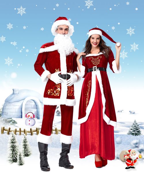 

full set of christmas costumes santa claus for adults red christmas clothes santa claus costume luxury suit with white beard, Silver