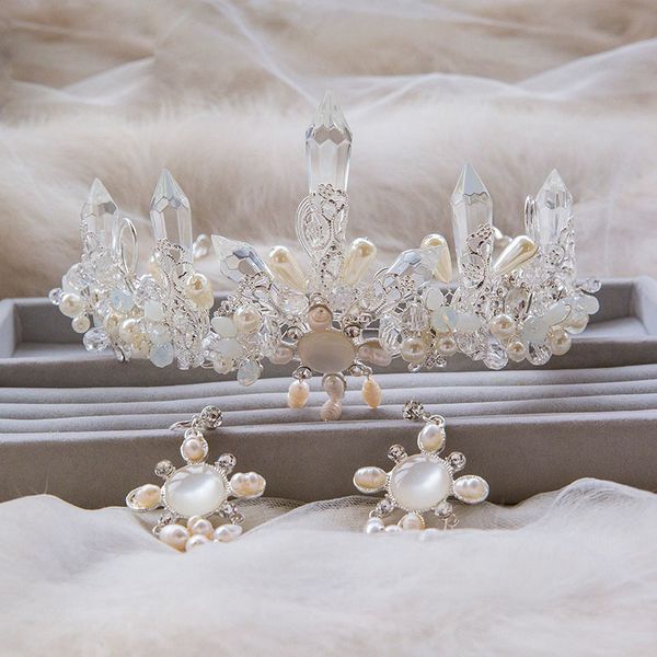 

new hand-beaded crystal bride crown headdress ice crystal wedding hair accessories tiara earrings wholesale, Golden;white