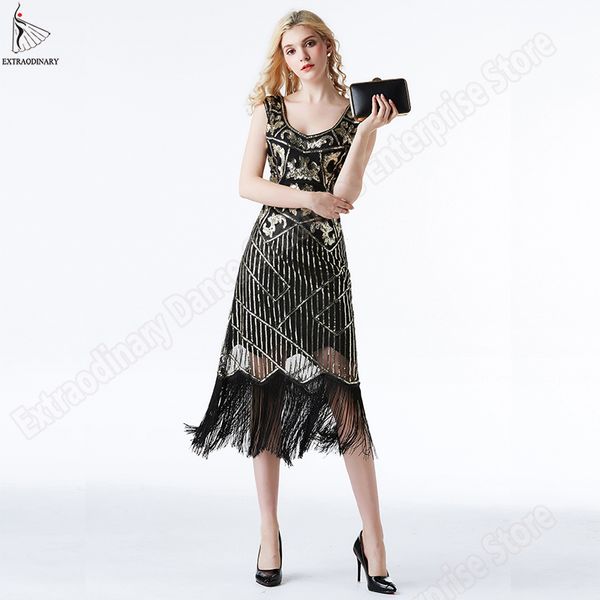 

new 1920s great gatsby party dress vintage flapper art deco sequin fringe feather headband pearl necklace gloves cigarette 4pcs, Black;gray