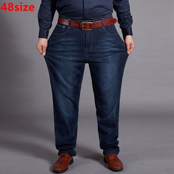 

autumn jeans male big size man plus fertilizer xl wear high waist elastic big long pants 48 yards large, Blue