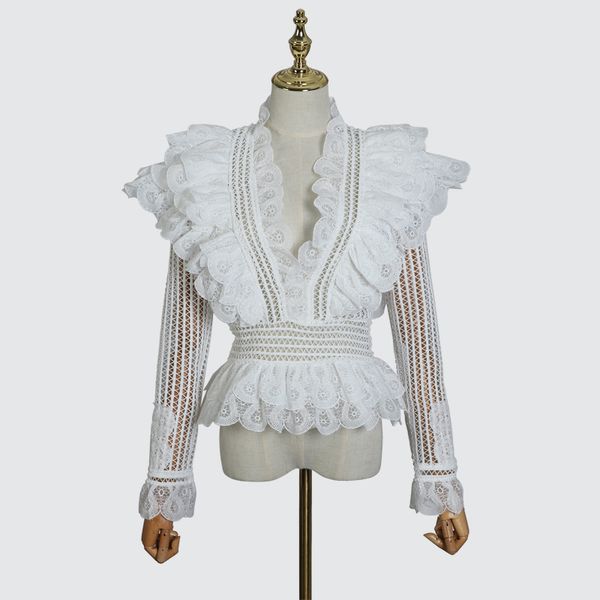 

menkay] 2018 autumn zim hollow out v neck ruffles spliced women shirt new, White