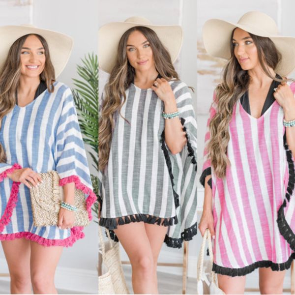 

2019 new summer women bathing suit bikini striped tassel cover up swimwear casual stripe beach fashion dress, Blue;gray