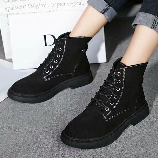 

europe and america 2019 new short boots flat bottom with thick with martin boots female autumn and winter fashionable students suede shoes, Black