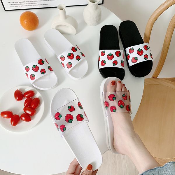 

slhjc slippers women summer fashion casual slides open toe flat heel cozy anti skid slides drags sandals shoes with strawberry, Black