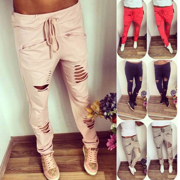 

High Waist Skinny Fashion Jeans for Women Hole Ripped Slit Punk Vintage Girls Slim Ripped Lace Up Denim Pencil Pants