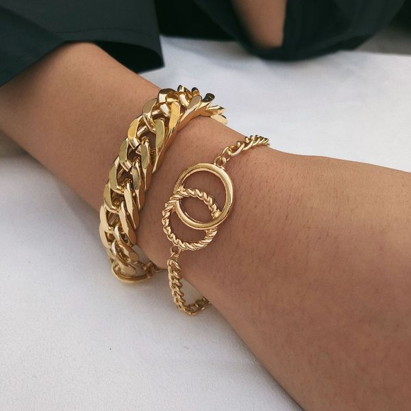 

2 pcs/set simple gold chain bangles for women european geometric bracelets set rectangle round charm bracelet wrist jewelry, Black