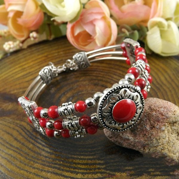 

fashion vintage bohemia bracelet red /blue/ black stone round beads bangle carving charm bracelet a200g