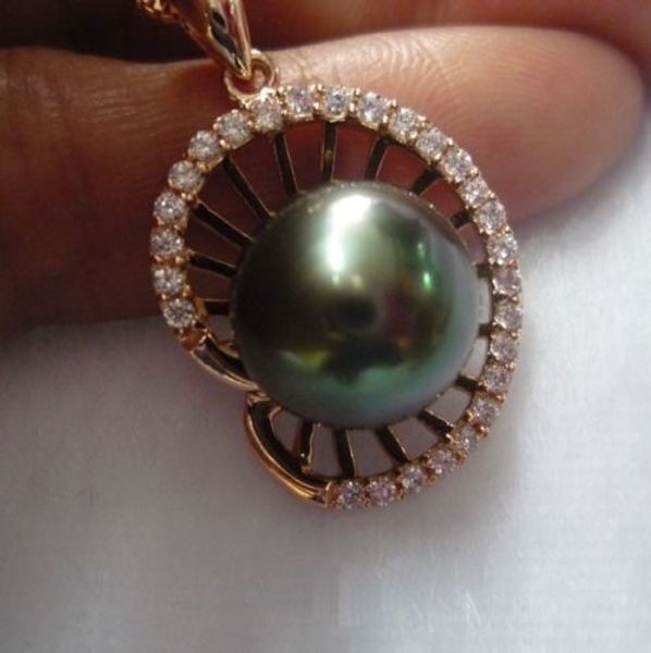 

new perfect 12-13mm tahaitian black pearl rose gold pendant necklace, Silver