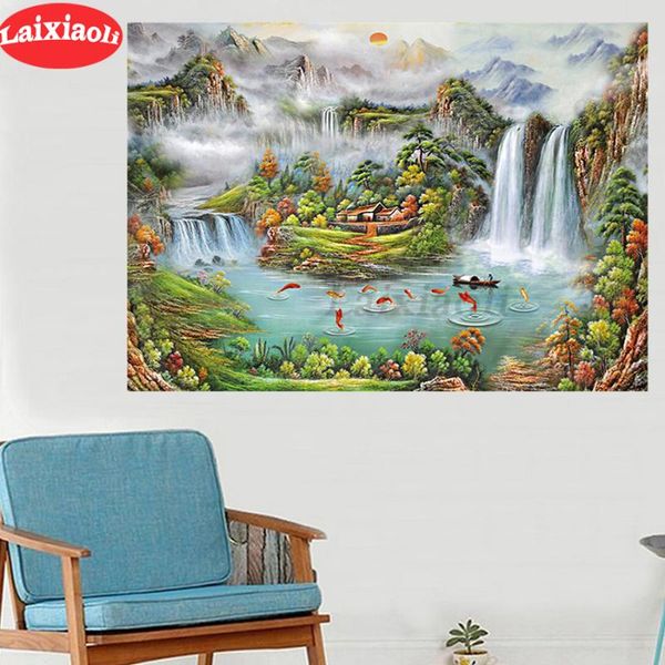 

paintings diy 5d diamond mazayka waterfall mountain painting dimond fish koi lake full square/round drill embroidery