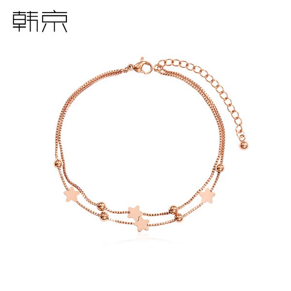 

han in double-layer star titanium steel anklet womens does not fade-korean-style simple plated rose gold lucky pearl ankle chain, Red;blue