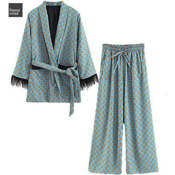 

2019 нового прибытие куртки синего кимоно брюки с пуховыми рукавами wide leg сыпучих cuasal женщин винтажной одеждой костюмы, Black;brown