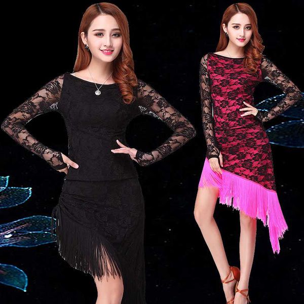 

stage wear latin dance dress tassel elegant women tango ballroom salsa costumes lace patchwork dancewearretail, Black;red