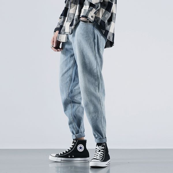 

japanese vintage fashion men jeans blue color retro washed loose fit harem pants wide leg trousers streetwear hip hop jeans men