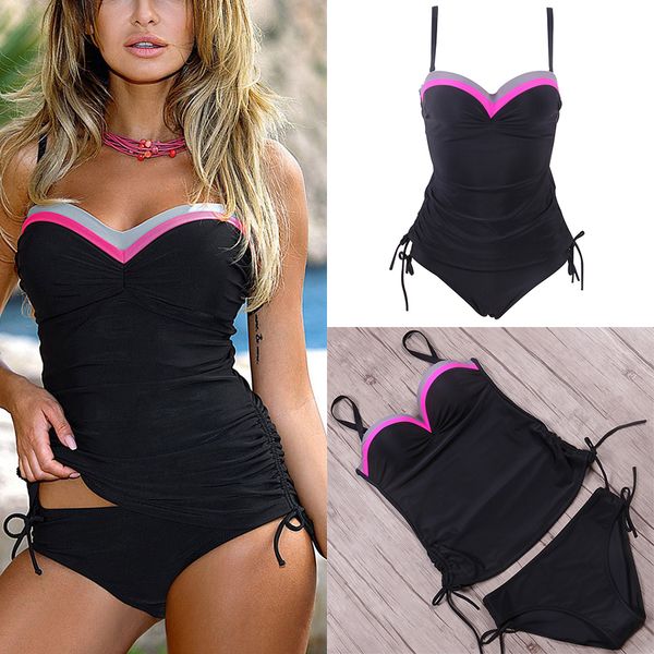 

two piece swimwear women swimsuit push up tankini set vintage retro bandage bathing suit beach wear plus size swimwear, White;black