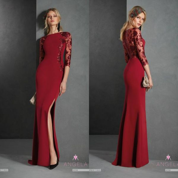 

mother of the bride dresses bateau neck appliqued 3/4 long sleeves wedding guest gown side split floor length custom made mother gown, Black;red