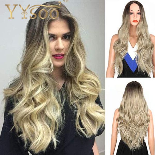 

yysoo synthetic long wavy wig dark roots black ombre blonde wigs with middle part heat resistant curly hair for women daily use