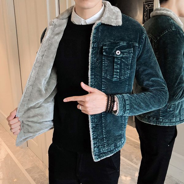 

cotton jacket male 2019 winter men's thick corduroy jackets man lamb fur lapel long sleeve cotton jacket male, Tan;black