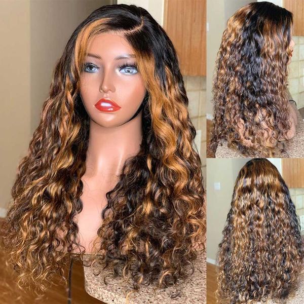 

highlight curly ombre colored human hair wig 13x6 deep part pre plucked brazilian remy wig with baby hair for black women atina, Black;brown