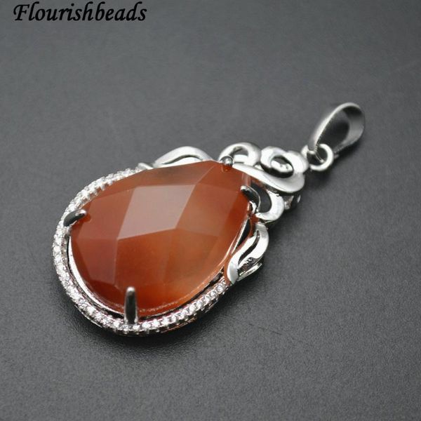 

surface cutting natural red agate carnelian pear shape cz beads setting metal frame stone pendant, Silver