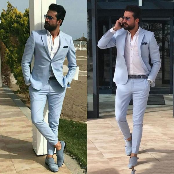 

light sky blue mens prom suits notched lapel groomsmen beach wedding tuxedos for men two pieces formal suit jacket+pants, Black;gray