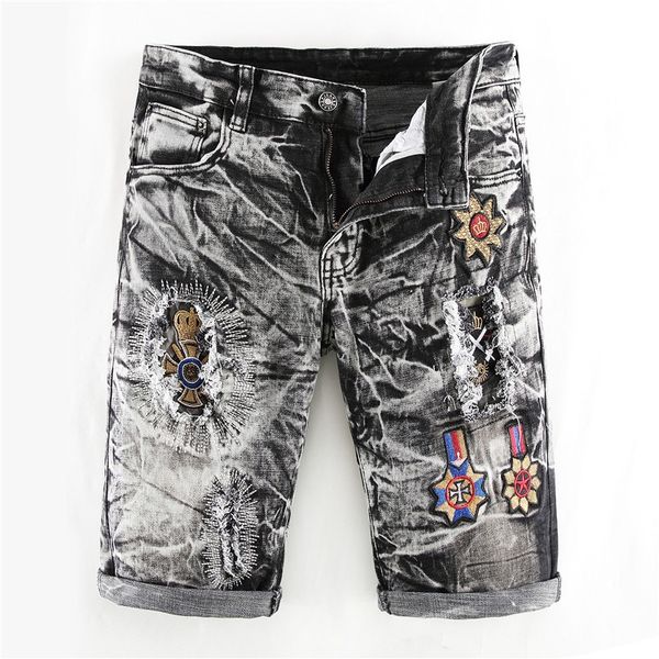 

2020 new summer denim shorts male jean short homme jogger ankle embroidery jeans men, Blue