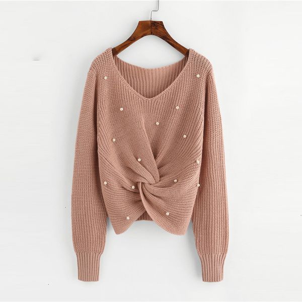 

sweaters woman women sweater v neck pearl beading casual sweater long sleeve detail twist knitted sweater winter for women pollover, White;black