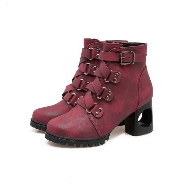 

stylish designer ankle martin boots round toe rivets buckle shoes women hollow 6 cm chunky heels antiskid solid booties, Black