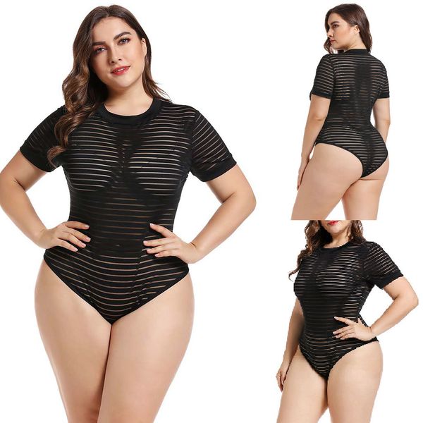 

women jumpsuits 2019 rompers womens jumpsuit summer fashion round neck striped mesh jumpsuit rompers lace bodysuit#xb20, Black;white